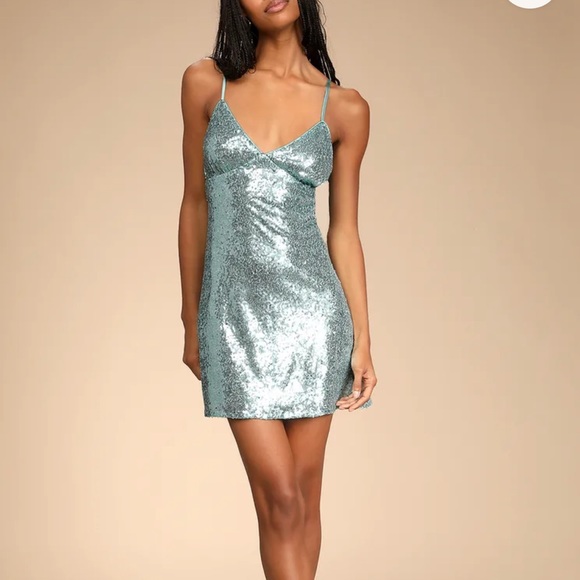 NWOT: Lulu’s Night of Perfection Mint Blue Sequin Cowl Back Mini Dress - Picture 2 of 6
